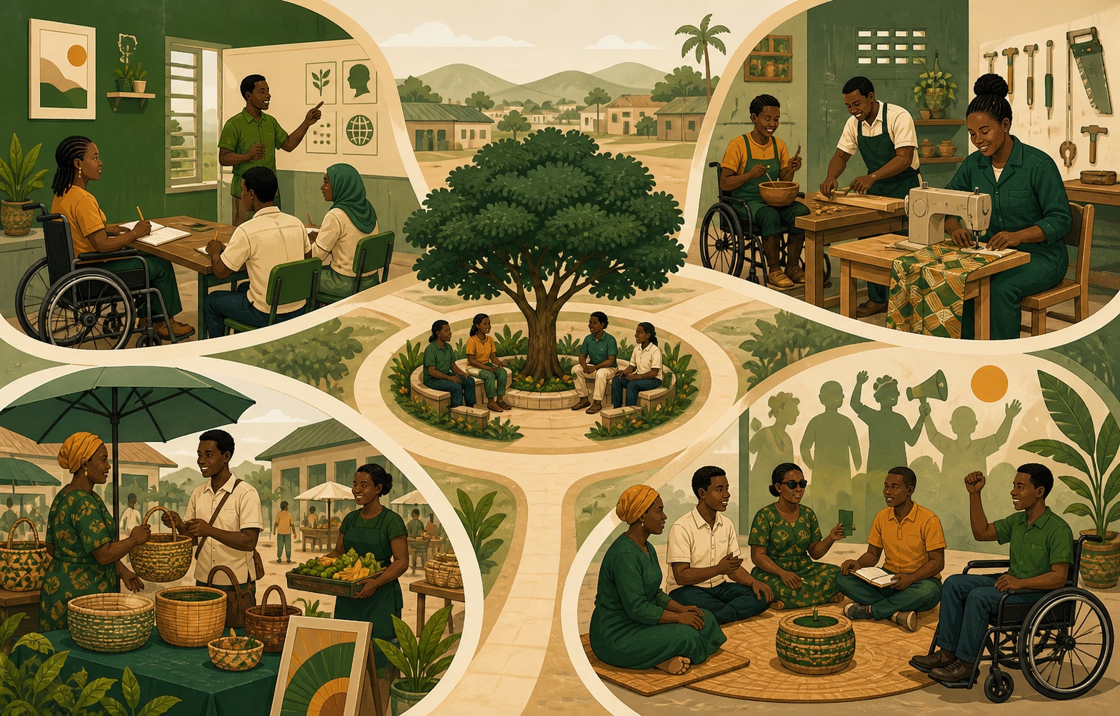 Provisional illustrated artwork showing AWL program pillars connected through a community hub