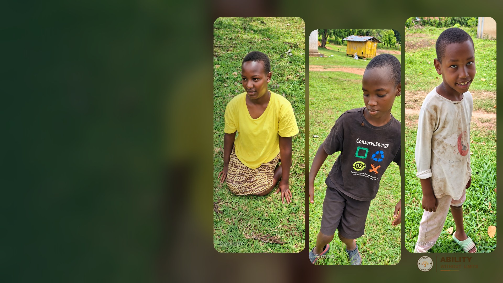 Real portraits of Daphine, Simon, and Samantha representing the Nyakinengo community