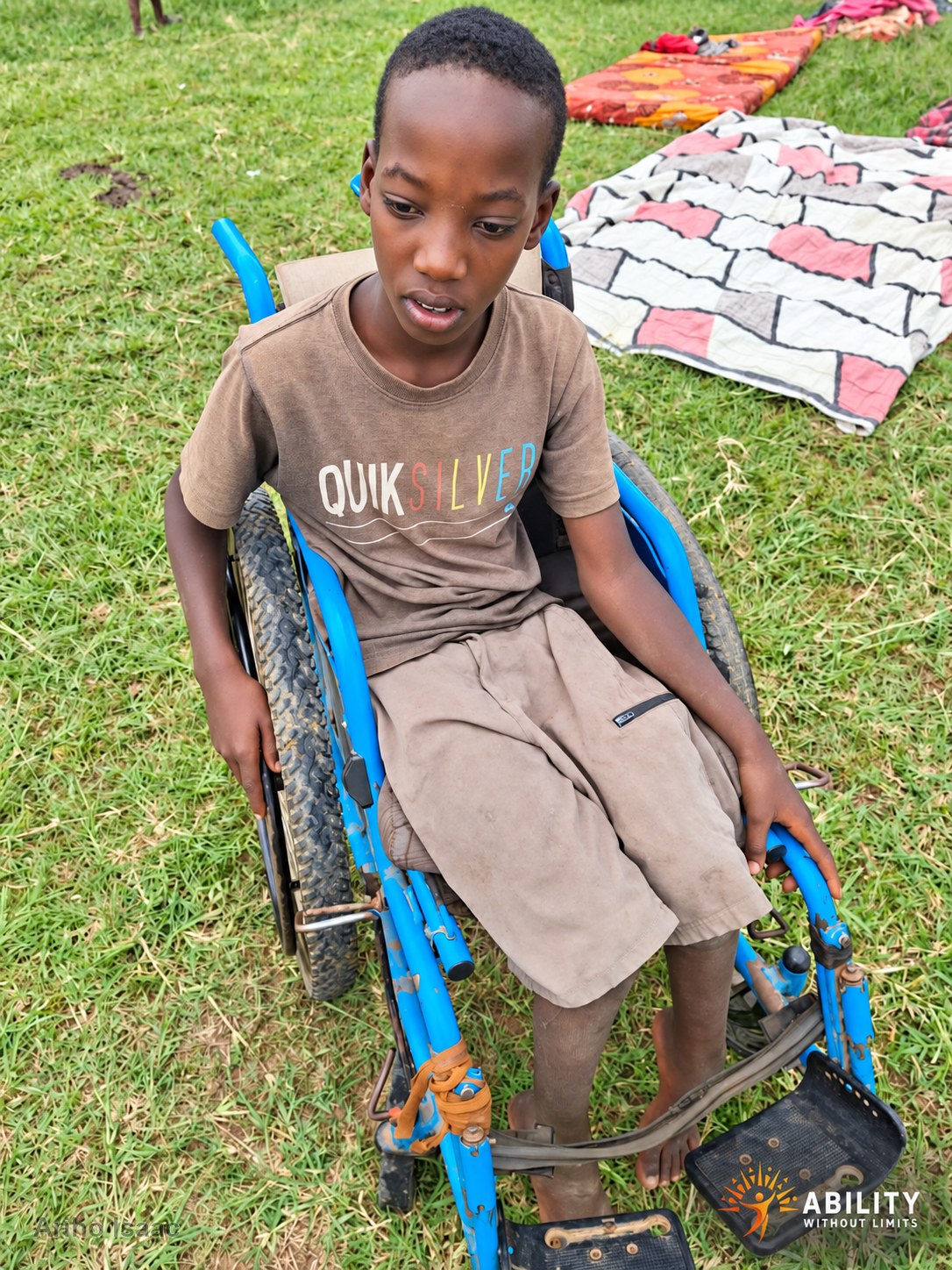 Ariho Isaac seated in a blue wheelchair outdoors